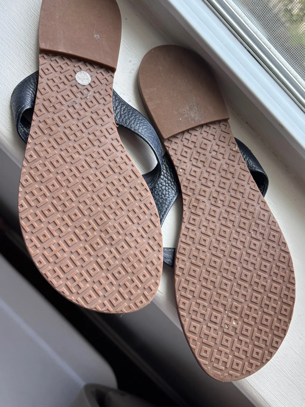 Tory Burch Black Leather Logo Thong Sandals with Brown Footbed